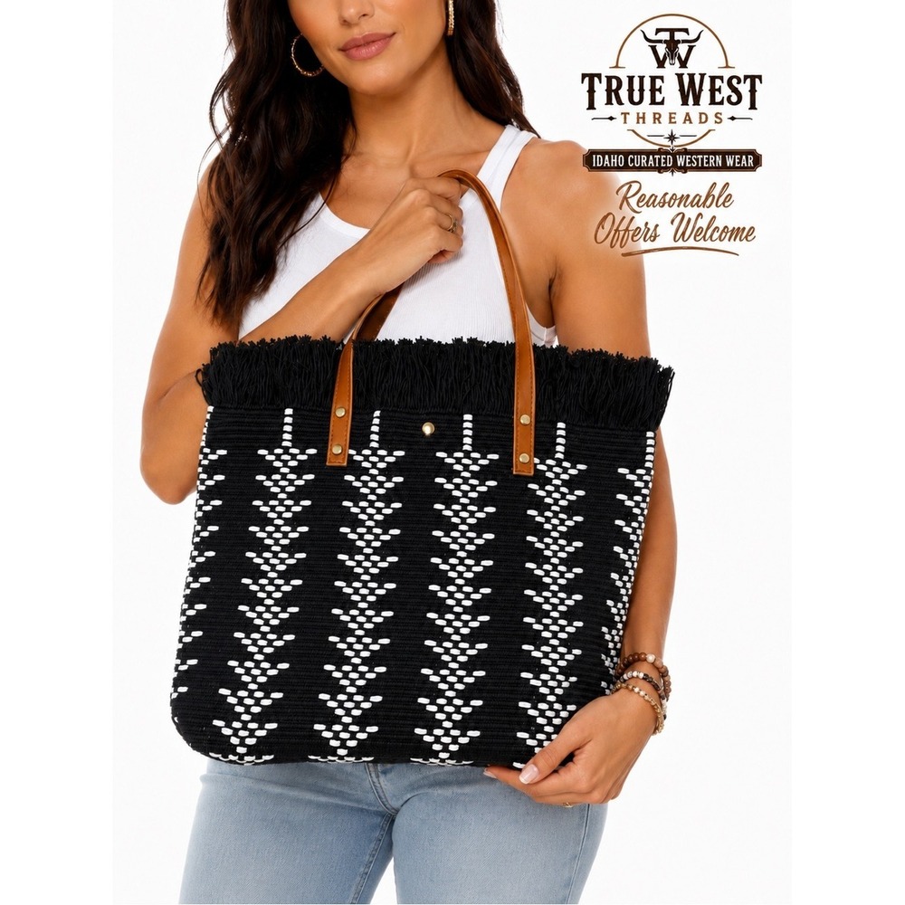 Handwoven Black & White Geometric Fringe Tote | Oversized Boho Market Beach Bag